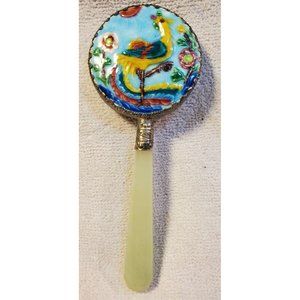 Vtg Asian Cloiso Hand Vanity Mirror Jade Handle Bird Flower Metal Ornate